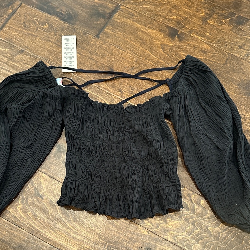 Urban Outfitters Black Smocked Off-Shoulder Crop Top with Puff Sleeves